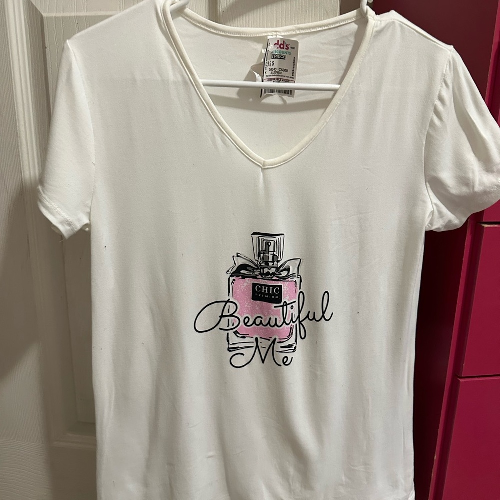 White V-Neck T-Shirt with Perfume Graphic